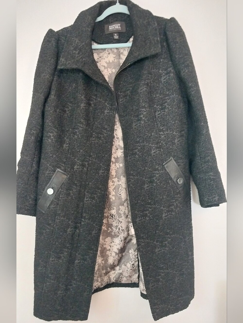 Badgley Mischka Black Textured Leather Trim Dress Coat XL EUC